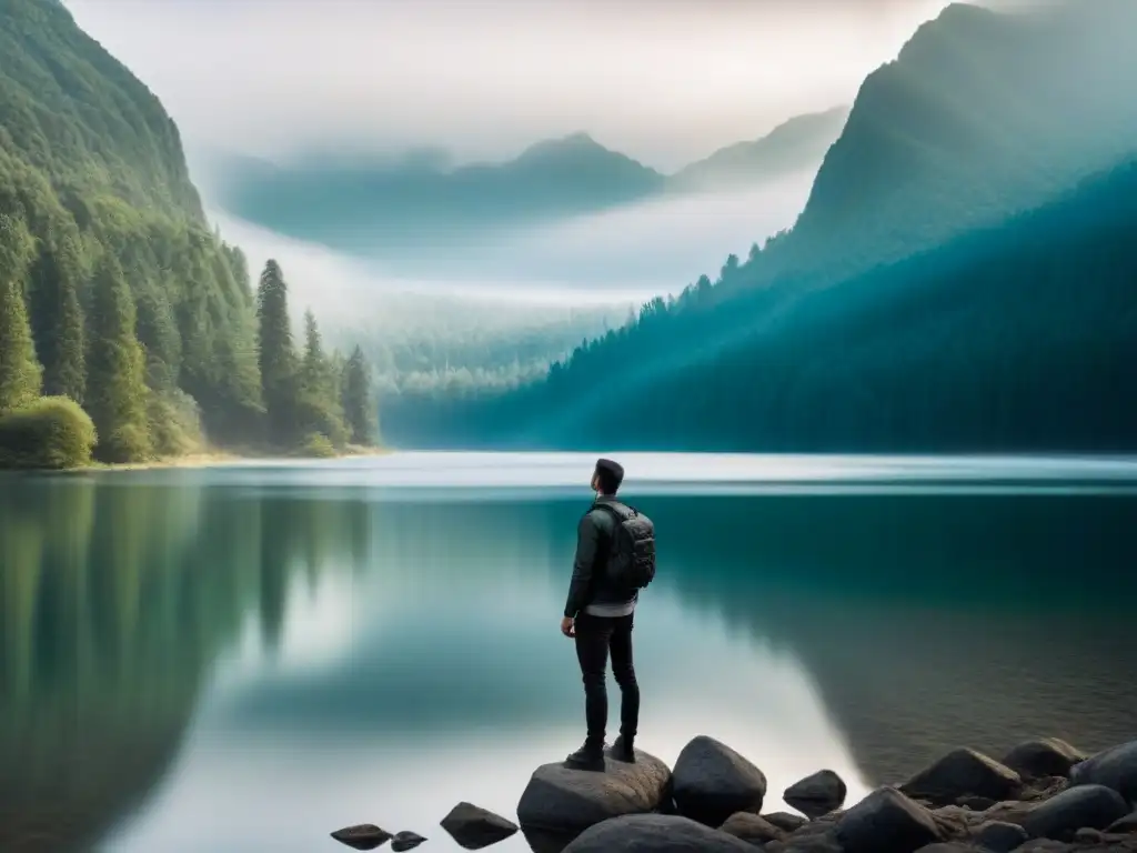 Reflexión en lago sereno: figura solitaria en la orilla, montañas y bosque