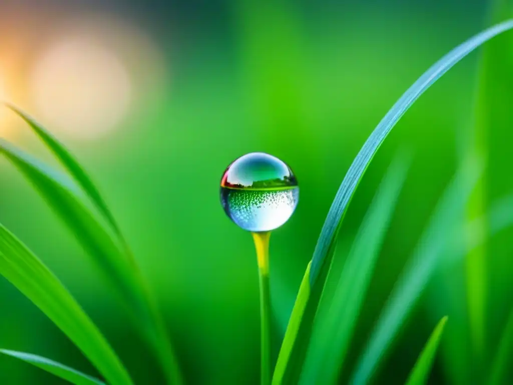 Reflexiones poéticas sobre el tiempo: Una gota de rocío en una brizna de hierba, reflejando el paisaje al amanecer