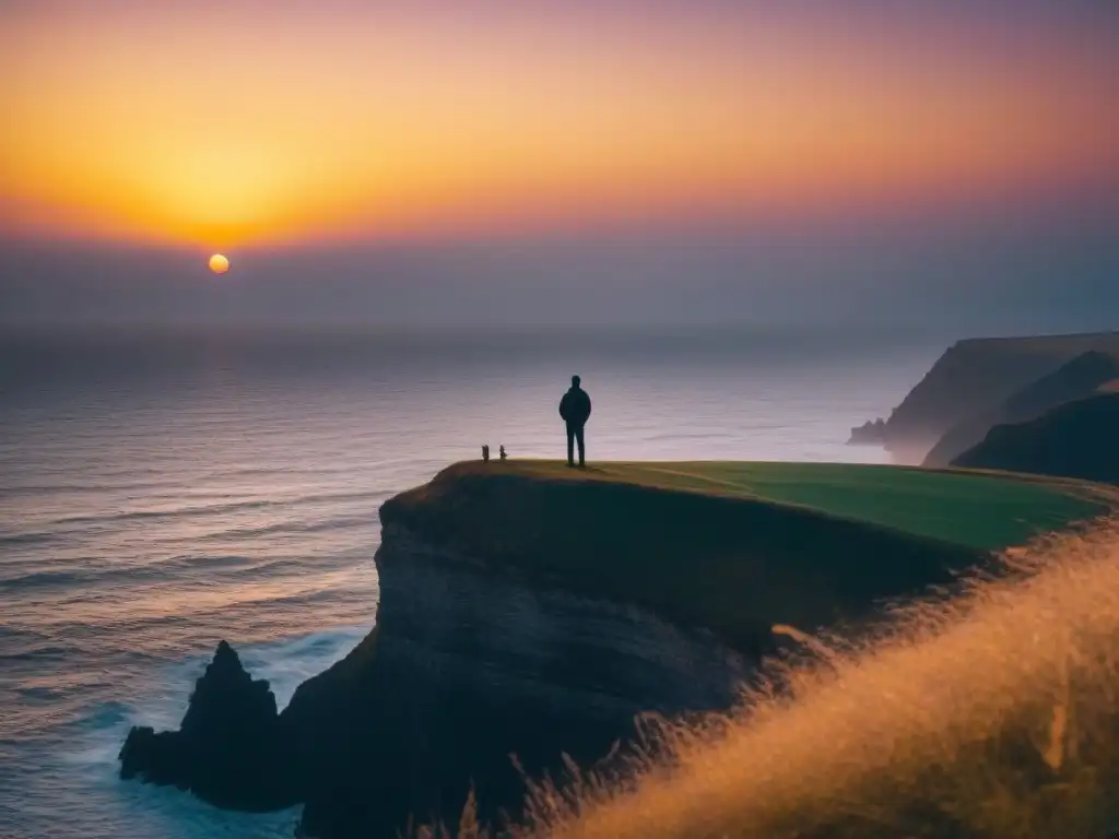 Un refugio emocional en la poesía: silueta solitaria en acantilado al atardecer, contemplando el vasto y tranquilo océano