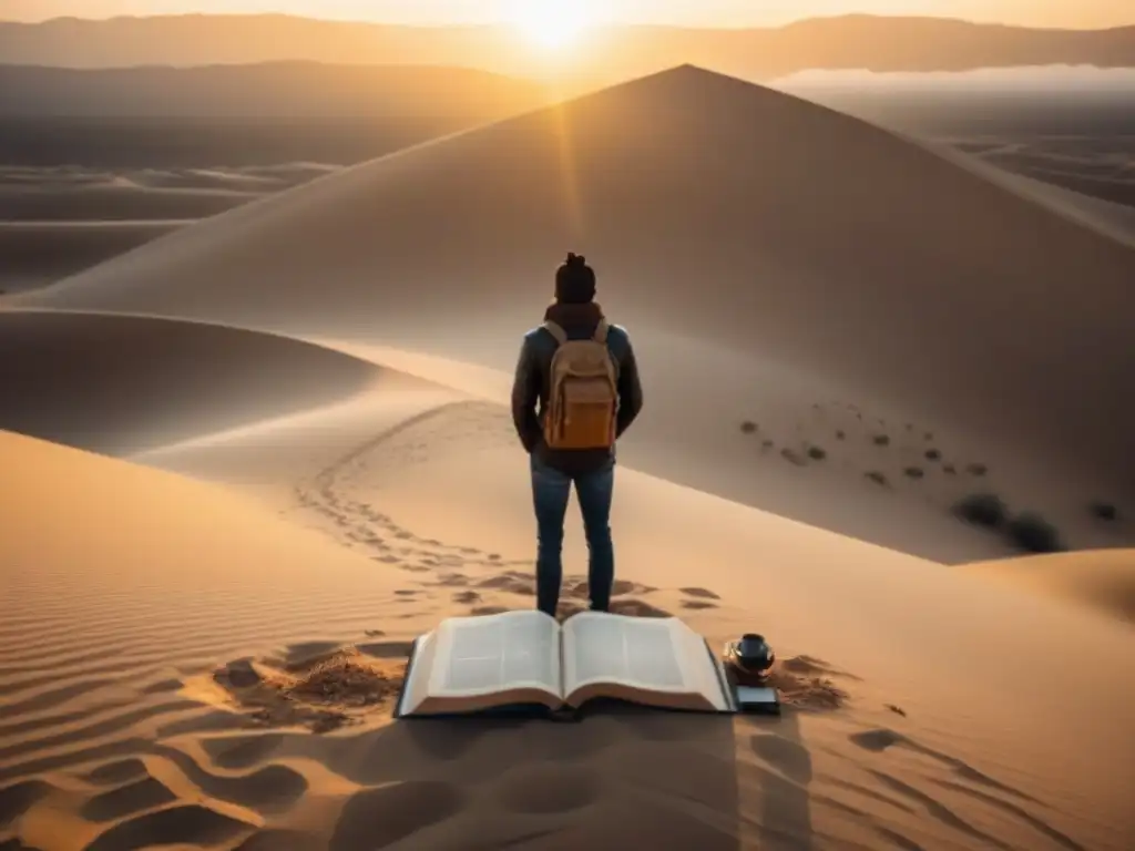 Un refugio emocional en la poesía: figura solitaria en el desierto al atardecer, rodeada de libros abiertos en la arena