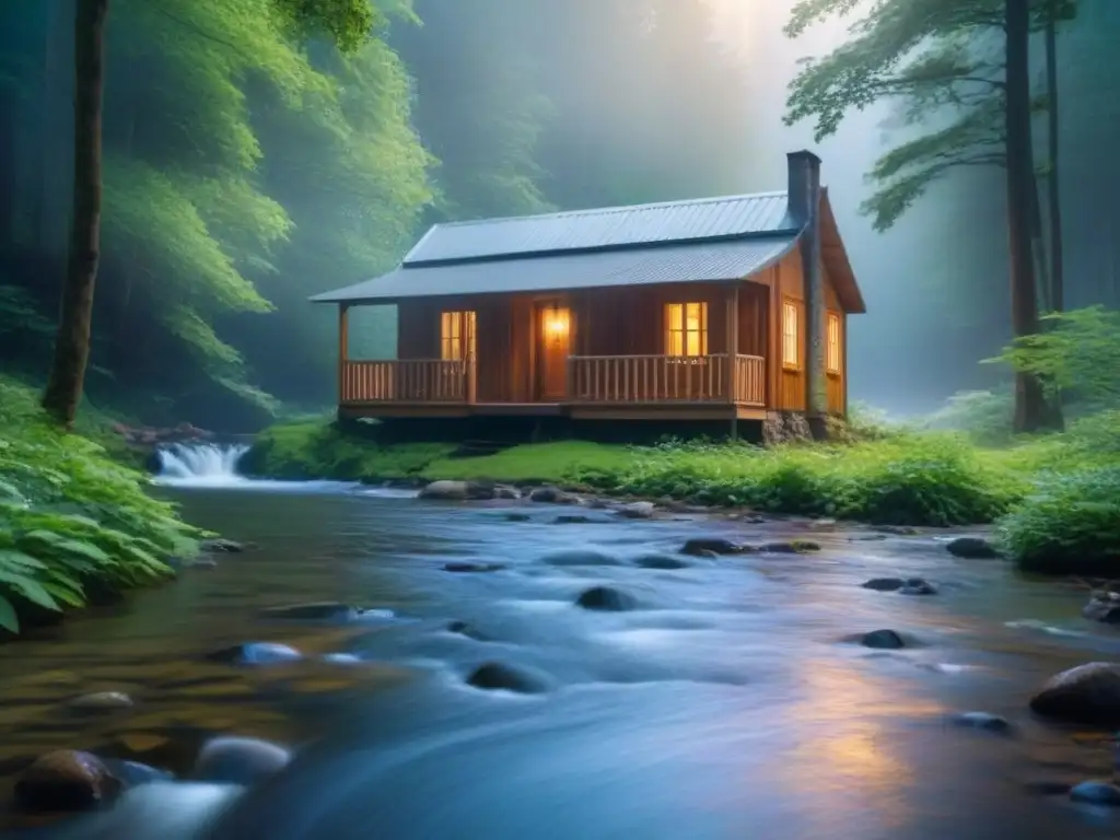 Un refugio poético entre árboles altos y un arroyo sereno en la belleza de la naturaleza