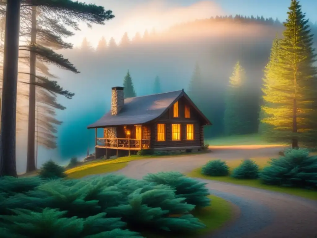 Refugio sereno entre pinos: inspiración poética Un refugio solitario entre altos pinos, con neblina suave y luz cálida en las ventanas