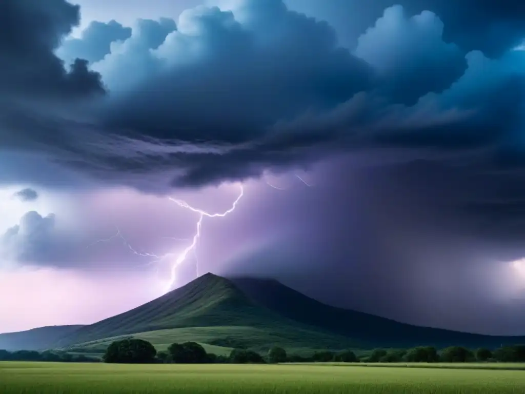 Relámpago iluminando un paisaje oscuro bajo un cielo tormentoso, reflejando la poesía simbólica conflictos internos