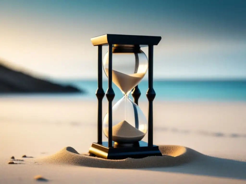 Un reloj de arena en blanco y negro, con arena fluyendo entre sus bombillas, simboliza la poesía como transformación del tiempo