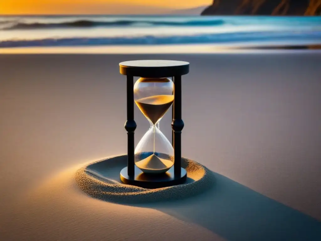 Un reloj de arena en blanco y negro en una playa desierta al atardecer, simbolizando el paso del tiempo y la vida