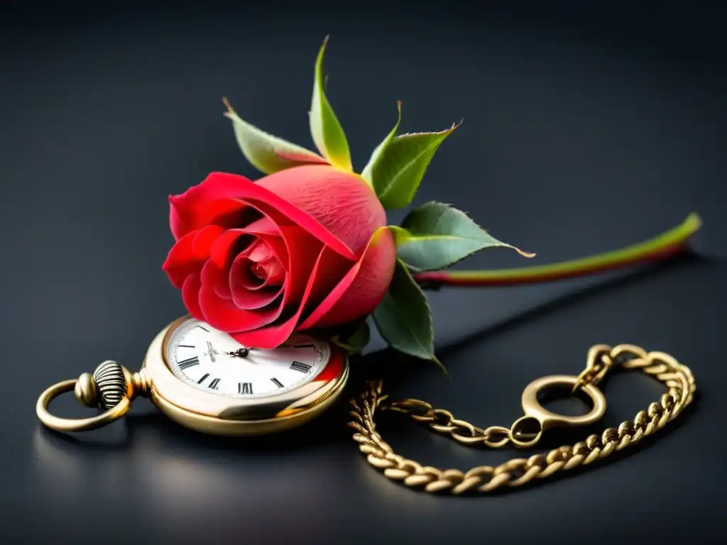 Una rosa roja y un reloj de bolsillo vintage en alta resolución 8k, evocando la Voz del Romanticismo Realista Siglo XIX en un fondo negro