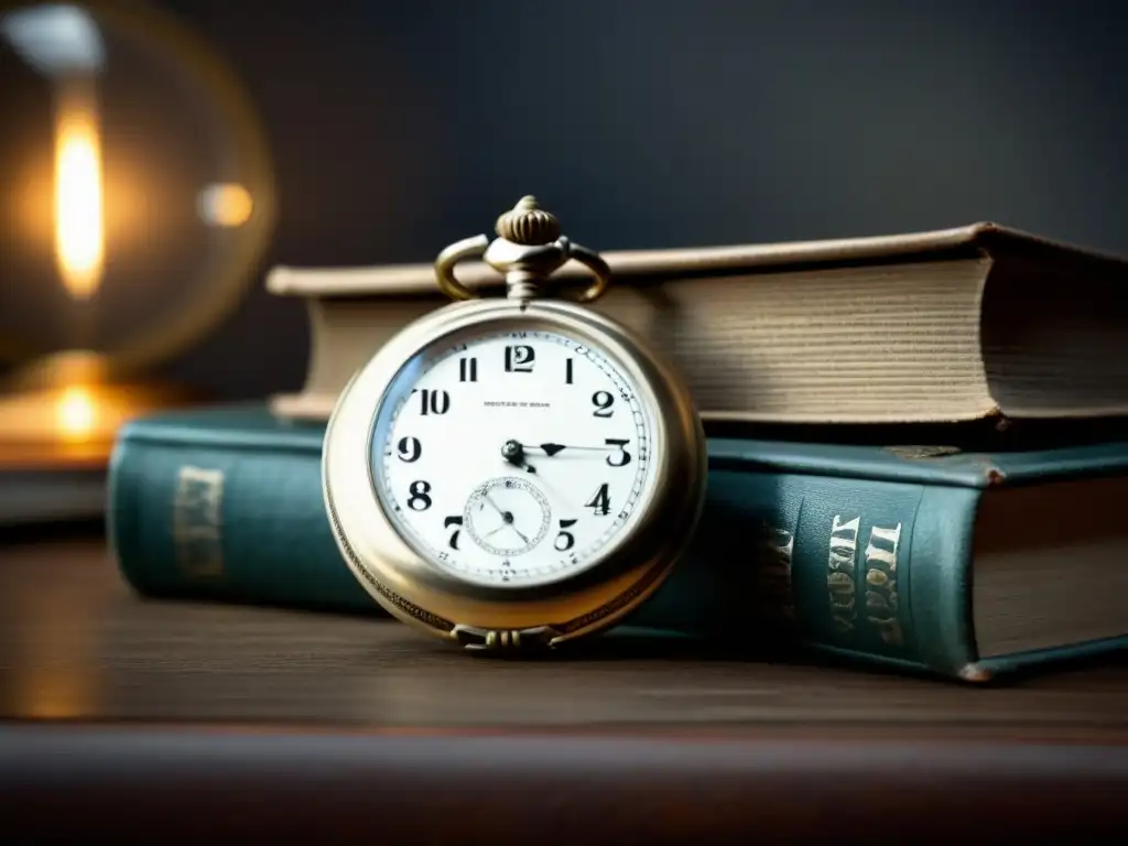 Un reloj de bolsillo vintage descansa sobre libros antiguos, iluminado por una suave luz