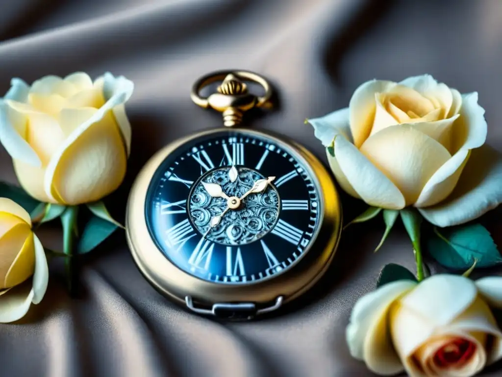 Reloj vintage sobre rosas, simbolizando el tiempo y la eternidad en poesía