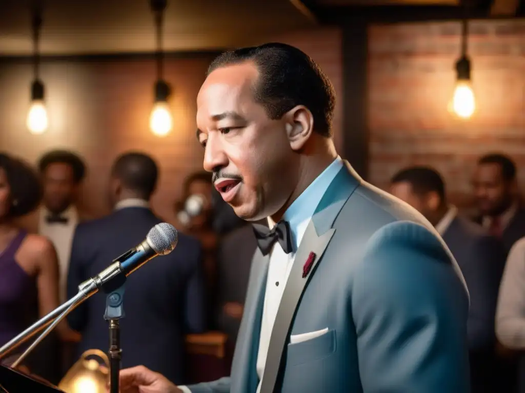 Renacimiento de Harlem: Langston Hughes recita poesía con pasión en un club de jazz bullicioso, cautivando a la diversa audiencia