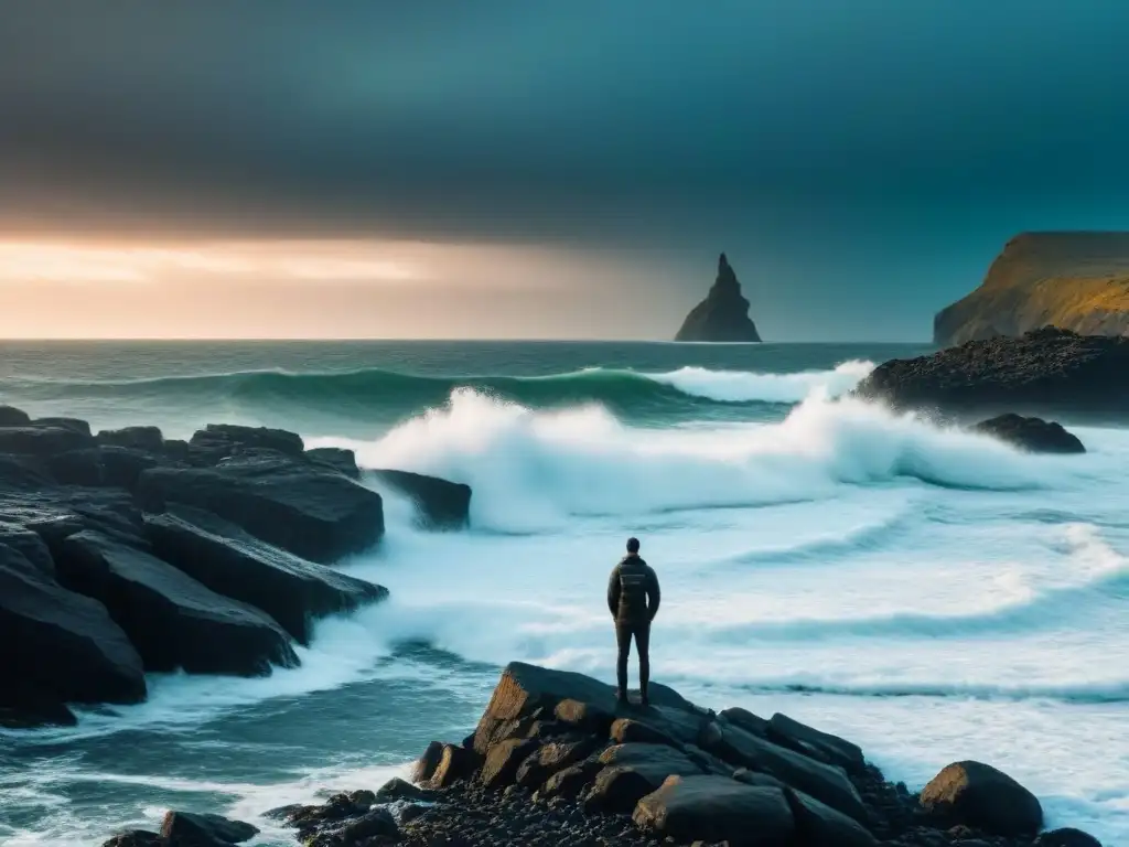 Renacimiento poético Nueva Ola: Figura solitaria en la orilla rocosa contempla el mar turbulento bajo un cielo dramático y nublado