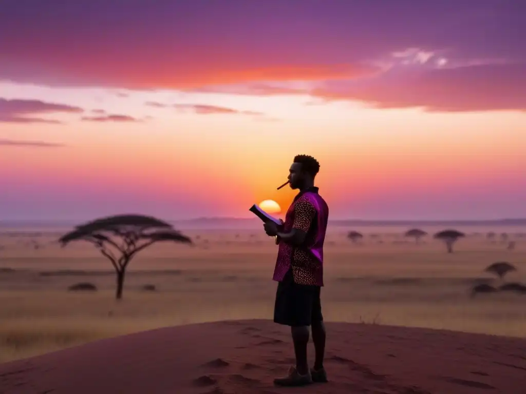 Renacimiento poético en poesía africana: poeta solitario captura la esencia de la creatividad en la sabana africana al atardecer