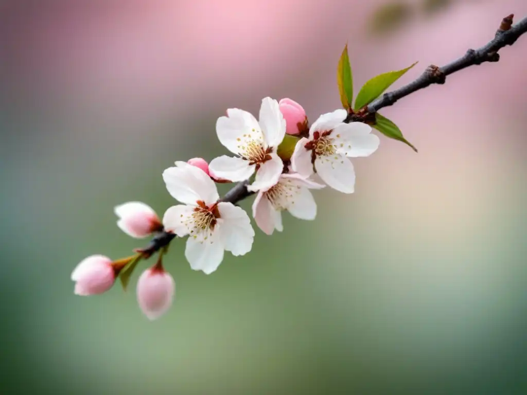 Resonancia sublime capturar belleza poesía: rama solitaria de delicada flor de cerezo en un suave fondo pastel