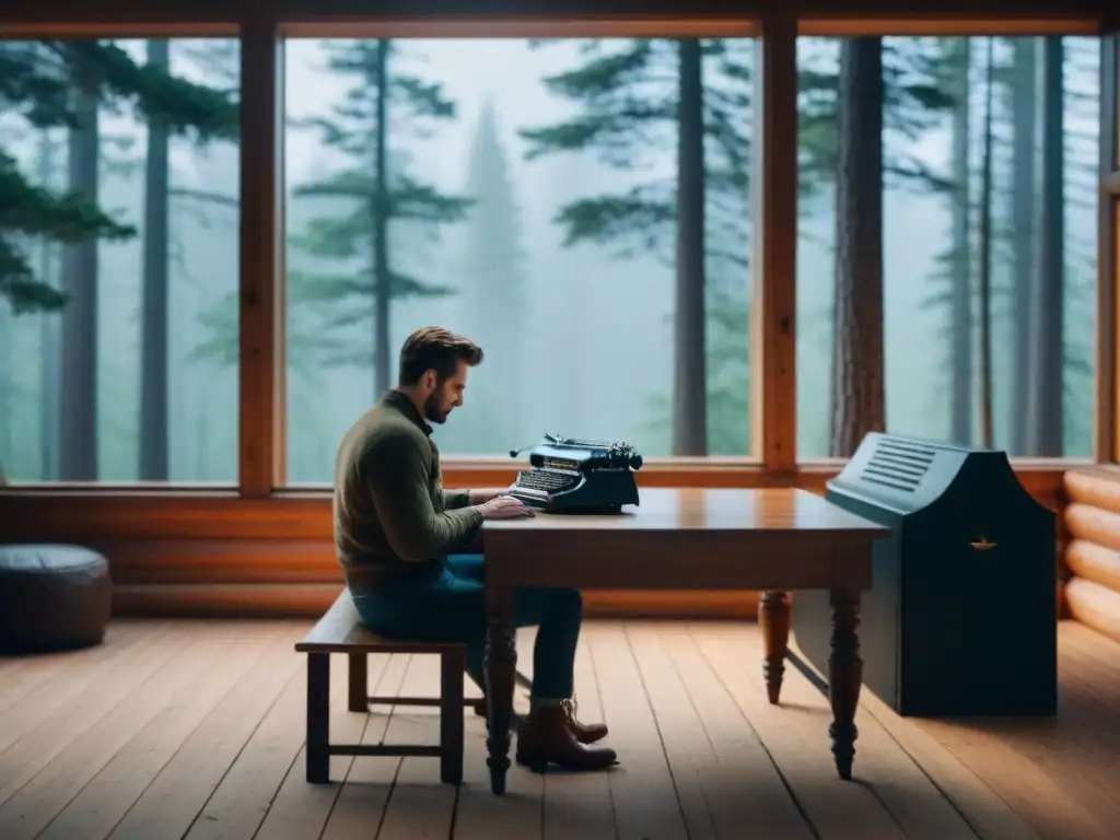 Retiro creativo en cabaña entre pinos, escritorio con máquina de escribir y libros de poesía, ambiente inspirador de soledad y calma