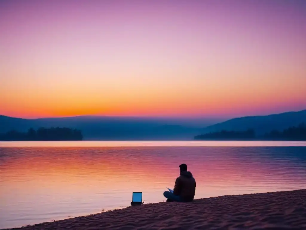 Retiro creativo de poesía transformadora: persona escribiendo poesía junto al lago al atardecer