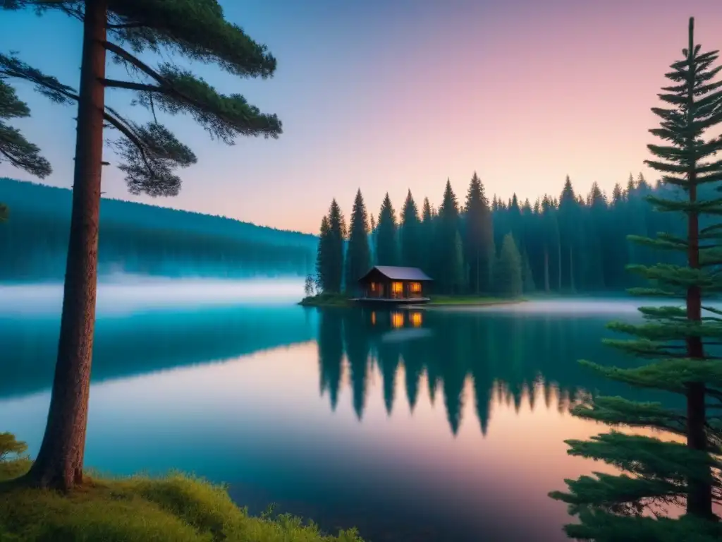 Retiro para escritores contemplativos: cabaña en bosque de pinos junto a lago al atardecer