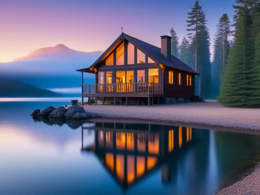 Retiro de escritura para parejas en cabaña junto al lago al atardecer con bosque de pinos y cielo pastel