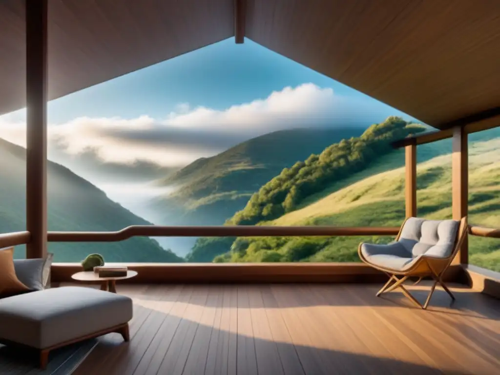 Refugio poético en las montañas: inspiración y tranquilidad Retiro de lectura poética: cabaña moderna en la montaña con vistas a valles brumosos y un libro de poesía en la terraza