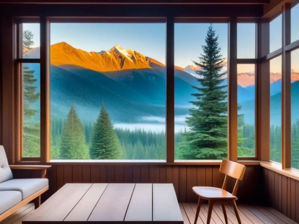 Retiro de poesía visual en la cabaña entre pinos y montañas nevadas al atardecer