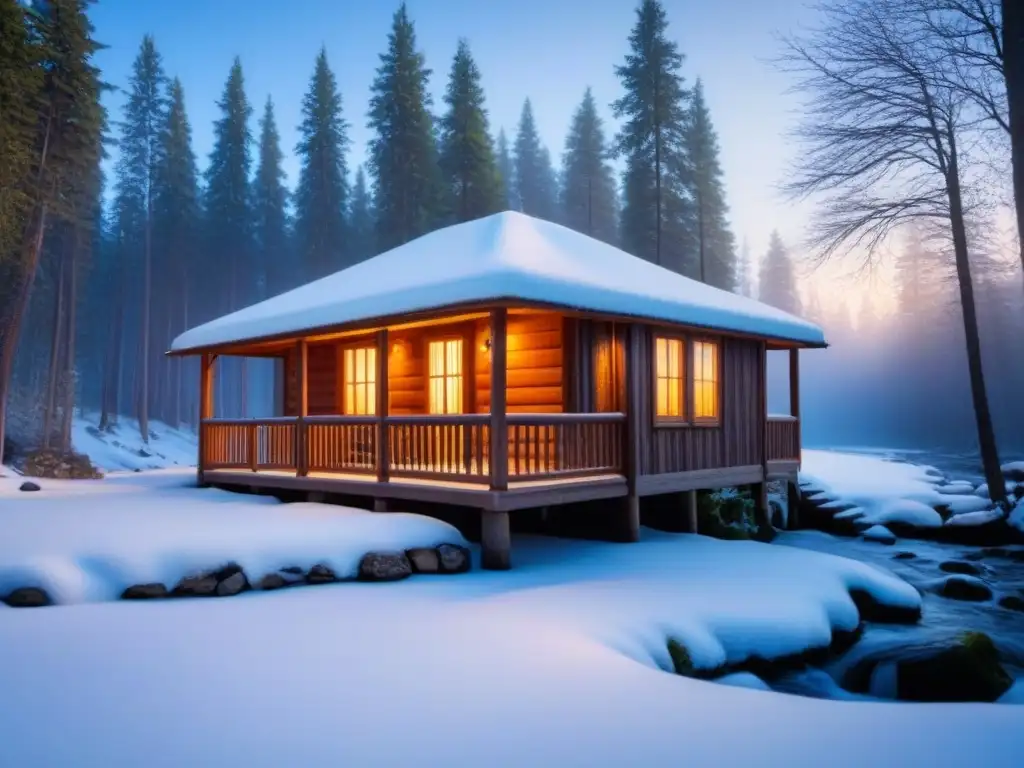 Retiro poético invernal: cabaña solitaria en bosque nevado, arroyo y luz cálida