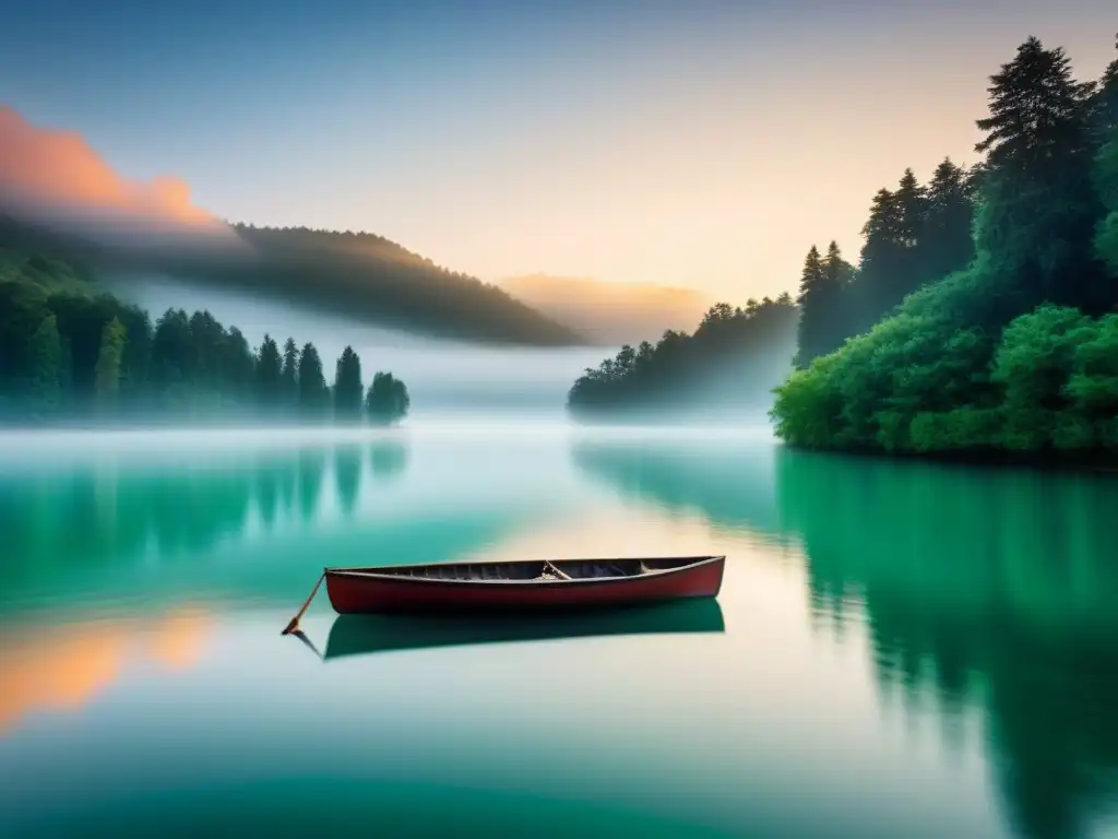 Un retiro poético transformador de palabras: lago sereno, árboles verdes y una barca solitaria al atardecer