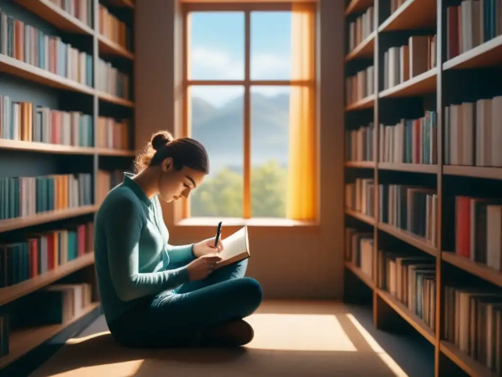 Retiro poético transformador de palabras: Persona meditando entre libros de poesía coloridos en una habitación soleada