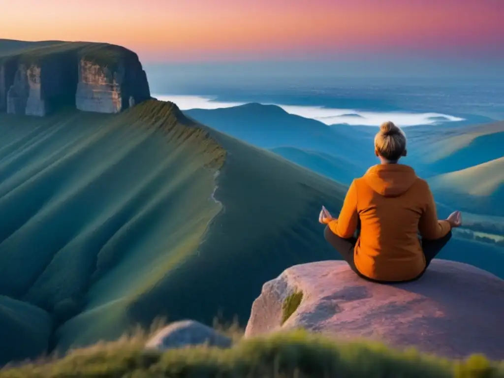 Un retiro poético con vistas inolvidables: figura solitaria en contemplación en un acantilado al atardecer