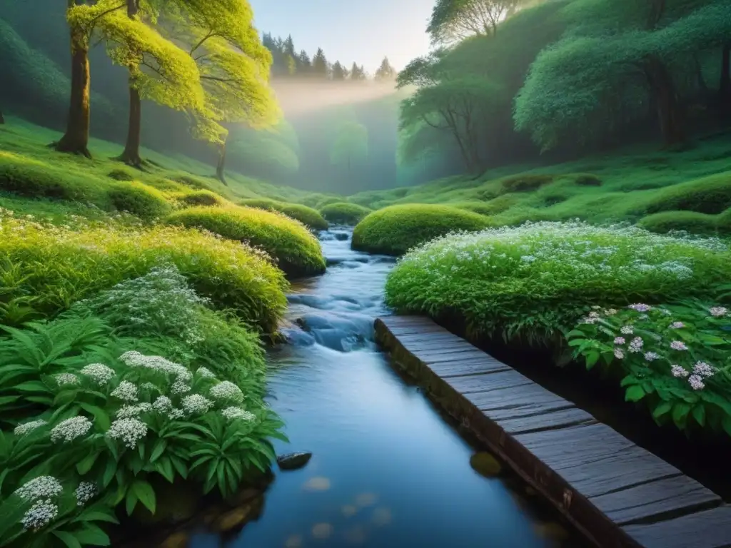 Retiros poesía ambiental: Bosque verde con arroyo, luz solar entre árboles, rocas cubiertas de musgo y flores silvestres