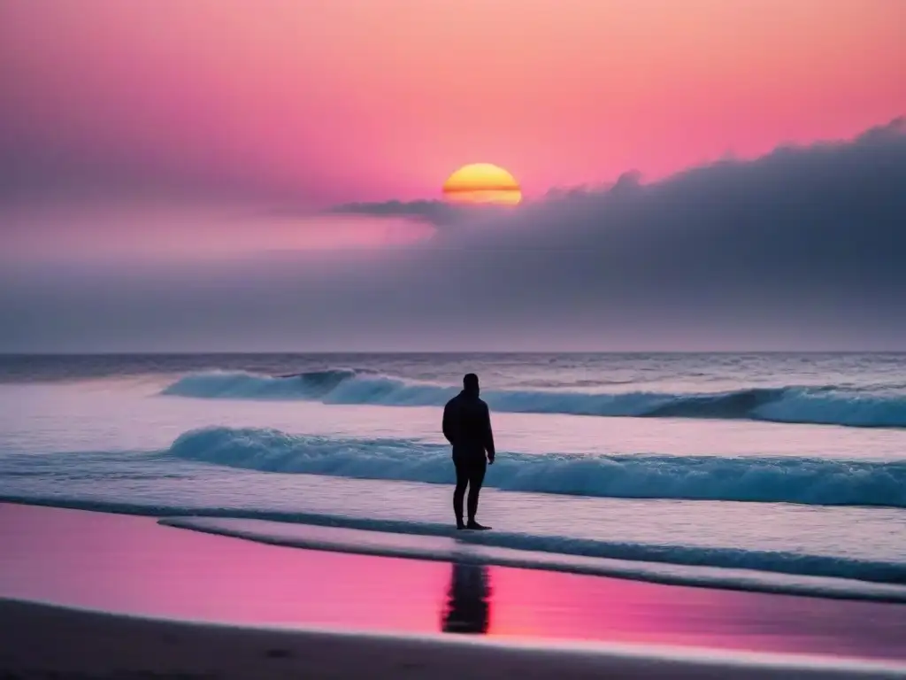 Retiros costeros para poetas: Una figura solitaria de pie al atardecer junto al mar tranquilo, reflejando serenidad e introspección