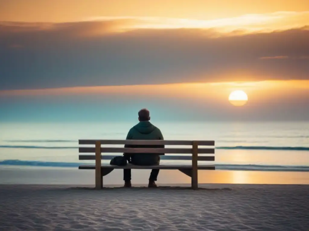 Retiros costeros para poetas: figura solitaria en banco mirando el océano al atardecer