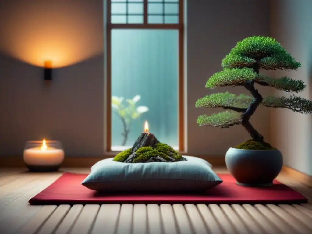 Retiros meditación poetas transformación palabras: Habitación de meditación minimalista, con cojín, bonsái y vela encendida, bañada en luz natural