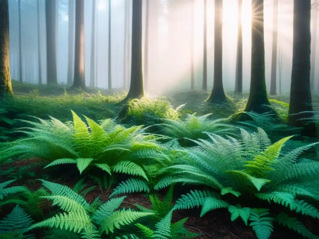 Bosque encantado al amanecer: paz y serenidad en la naturaleza Retiros poéticos en bosques encantados: clara mañana boscosa con luz suave filtrándose entre helechos y flores silvestres