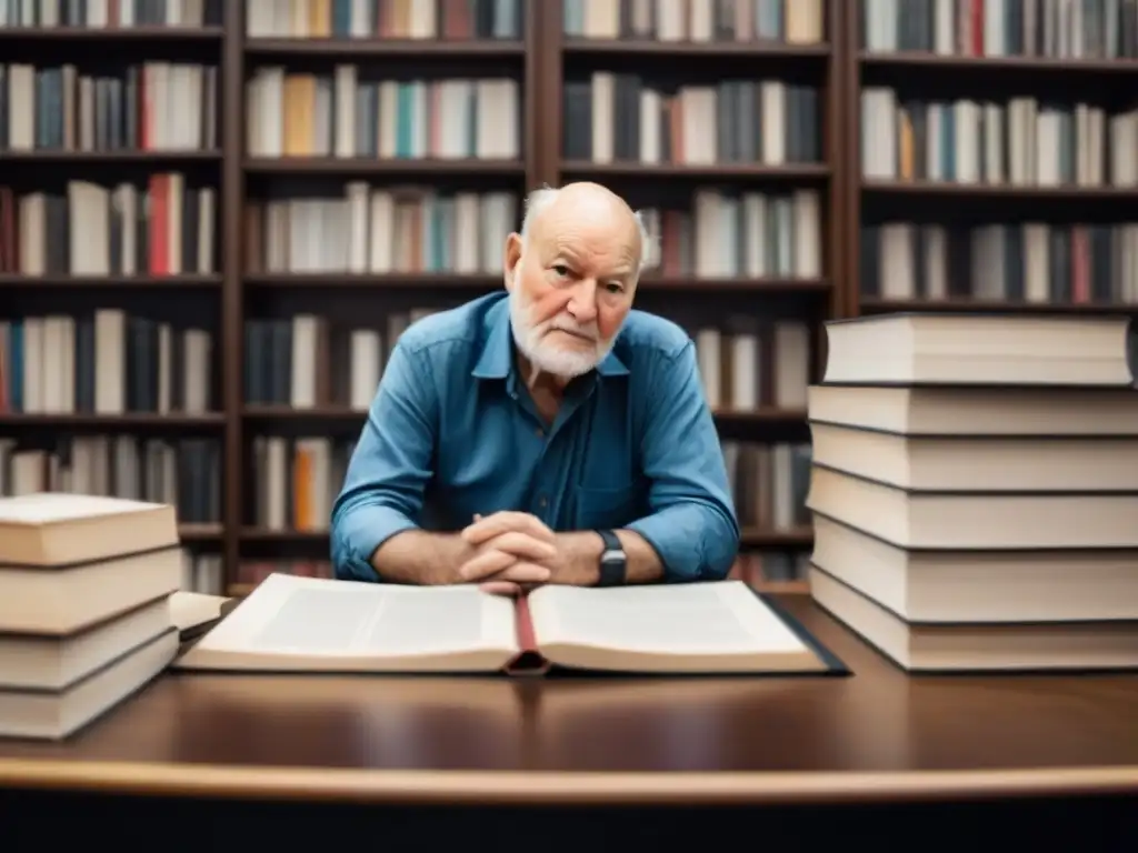 Retrato en blanco y negro de Lawrence Ferlinghetti, figura clave de la Generación Beat, rodeado de libros y papeles, en profunda contemplación