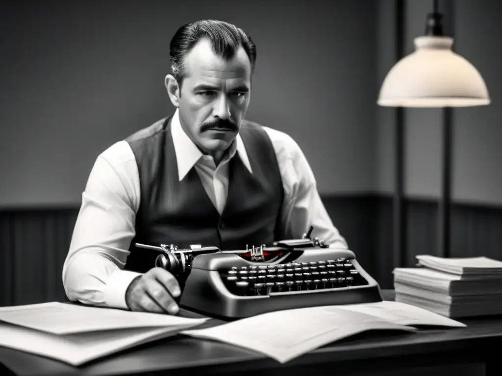 Retrato en blanco y negro del Espíritu Beat John Clellon Holmes, concentrado en su escritura con café a su lado