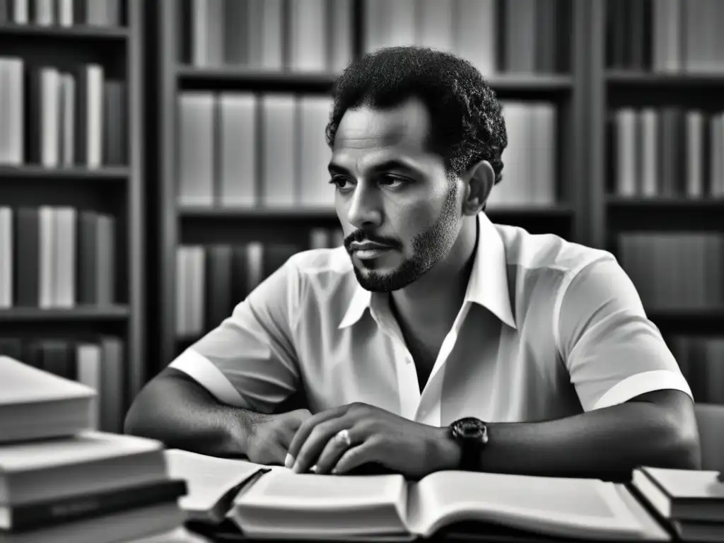 Nicolás Guillén: Poeta AfroCubano en su Esencia Creativa Retrato en blanco y negro de Nicolás Guillén en su escritorio, rodeado de libros y papeles, reflejando compromiso social