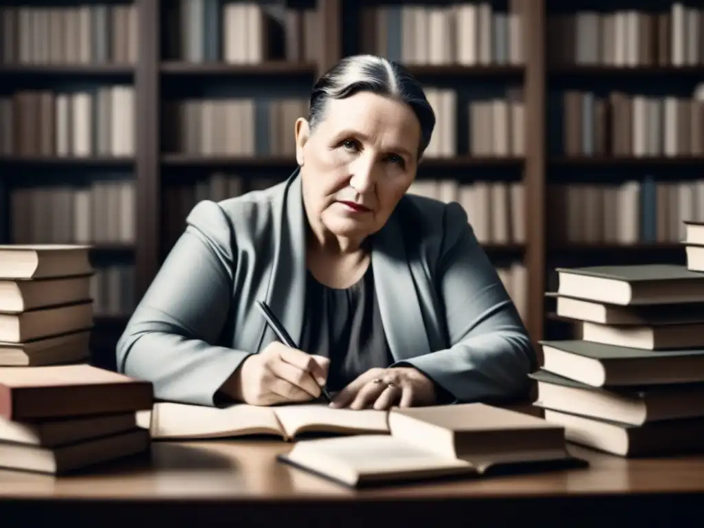 Retrato en blanco y negro de Gertrude Stein en su escritorio, rodeada de libros, transmitiendo creatividad y singularidad en la poesía vanguardista