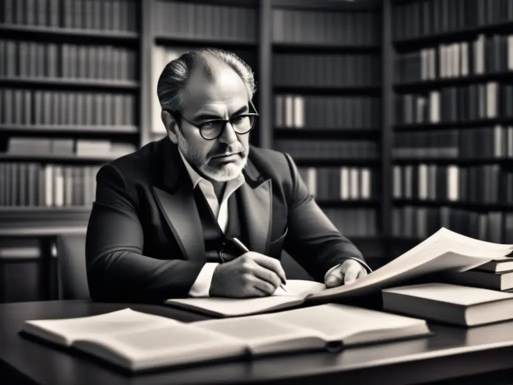 Retrato en blanco y negro de Andrés Bello en su estudio, inmerso en pensamientos profundos, rodeado de libros y papeles, con una pluma en la mano