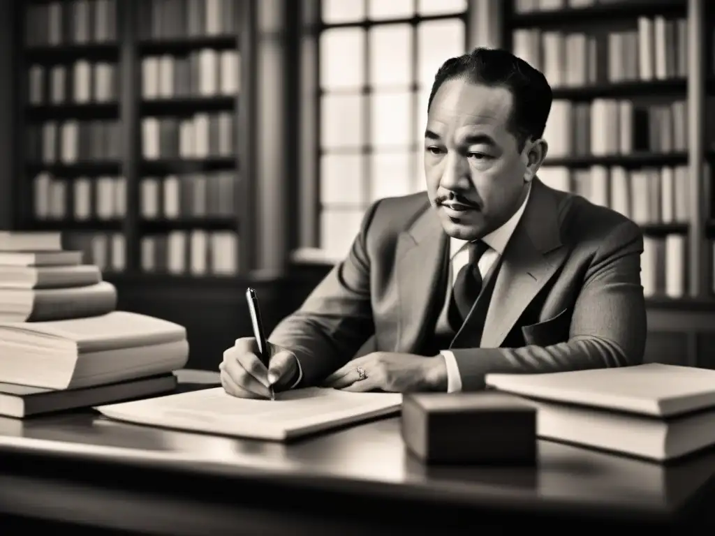 Un retrato en blanco y negro de Langston Hughes en su escritorio, rodeado de libros y papeles