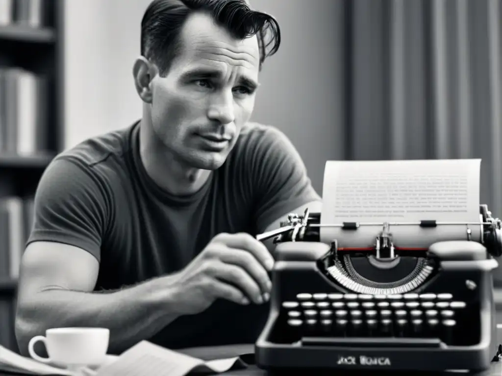 Retrato en blanco y negro de Jack Kerouac escribiendo en una máquina de escribir vintage, rodeado de papeles arrugados, tazas de café y libros