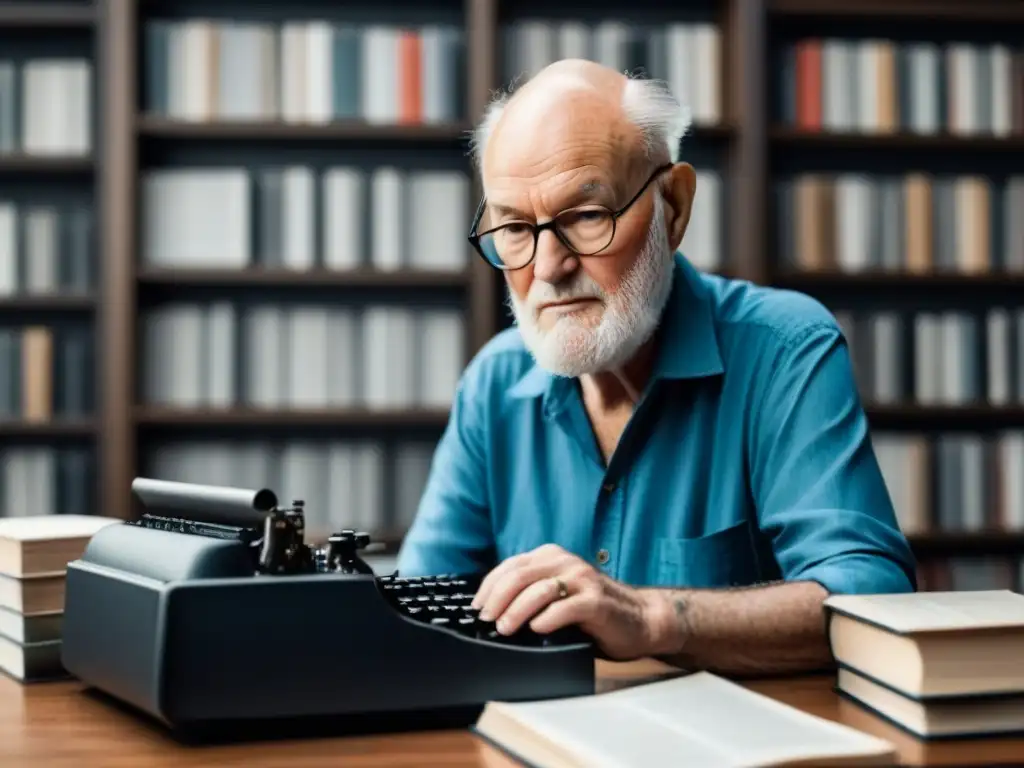 Retrato en blanco y negro de Lawrence Ferlinghetti escribiendo en su máquina de escribir, rodeado de libros y papeles, con una expresión contemplativa