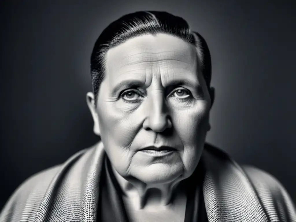 Retrato en blanco y negro de Gertrude Stein, su mirada intensa y peinado icónico reflejan su singularidad en la poesía vanguardia