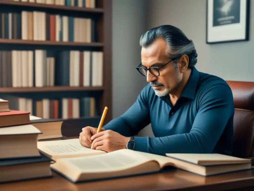 Retrato en blanco y negro de César Vallejo en su escritorio, inmerso en sus pensamientos