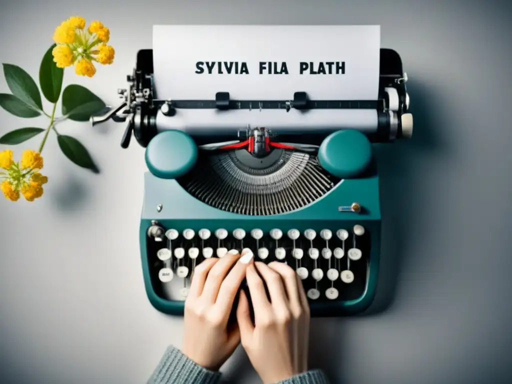 Un retrato detallado en blanco y negro de una máquina de escribir vintage con patrones florales, inspirado en la traducción poética de Sylvia Plath