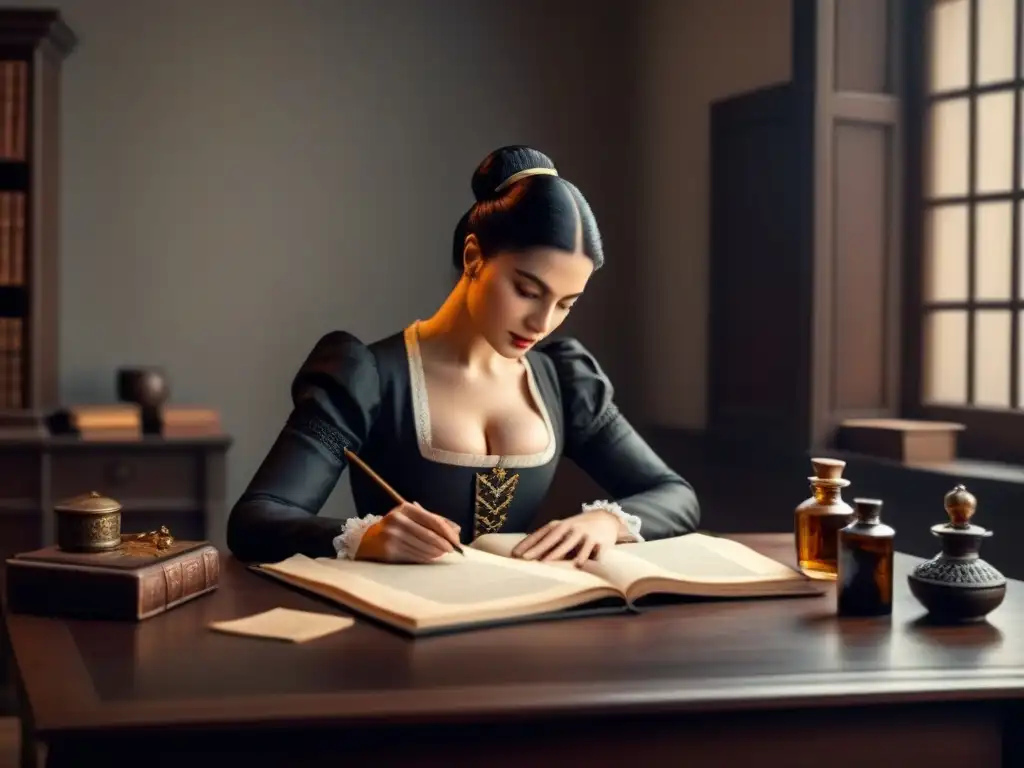 Retrato detallado en blanco y negro de Gaspara Stampa, poesía amorosa, inmersa en su escritura