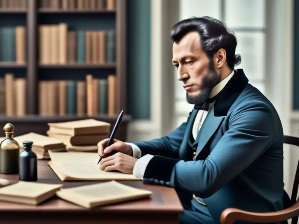 Retrato detallado en blanco y negro de Aleksandr Pushkin en su escritorio, rodeado de plumas, tintas y papeles