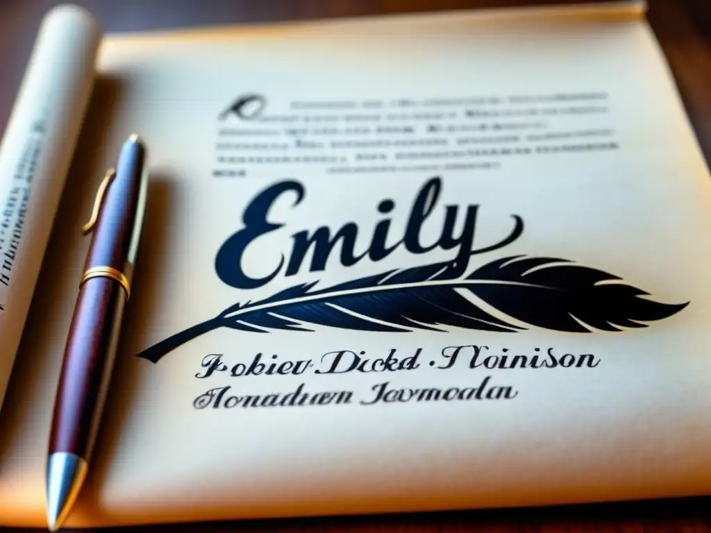 Un retrato detallado de una pluma descansando sobre un pergamino antiguo con caligrafía que lee 'Emily Dickinson', evocando su vida y poesía