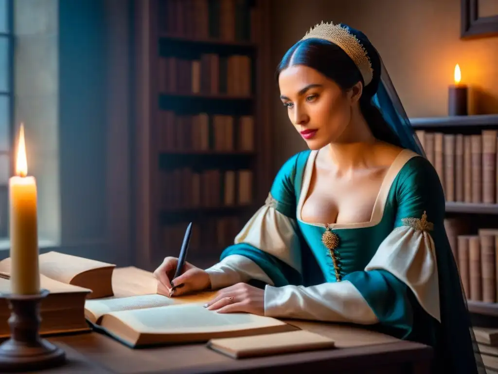 Retrato de la escritora Christine de Pizan en su escritorio, rodeada de libros y pergamino, iluminada por una vela