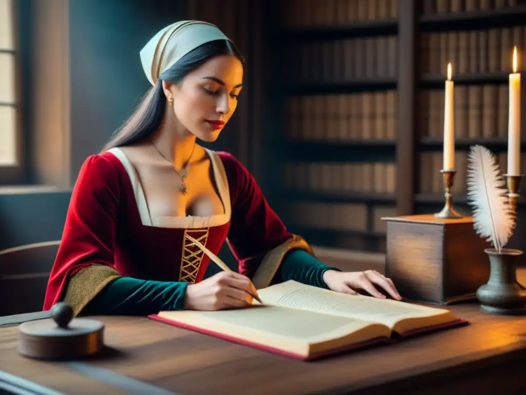 Retrato minimalista de Christine de Pizan en su estudio, con plumas, pergaminos y manuscritos medievales