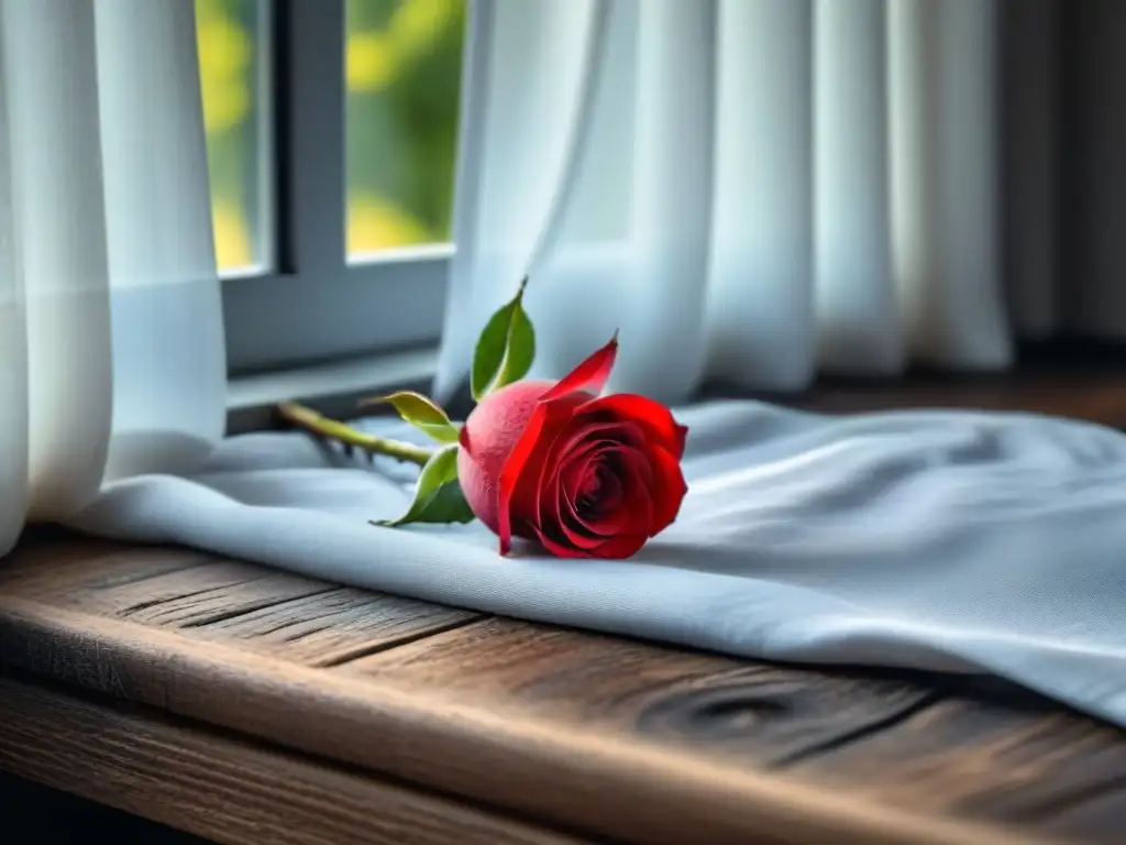 Un retrato poético de una rosa roja sobre alféizar de madera, con luz natural y cortinas blancas al fondo