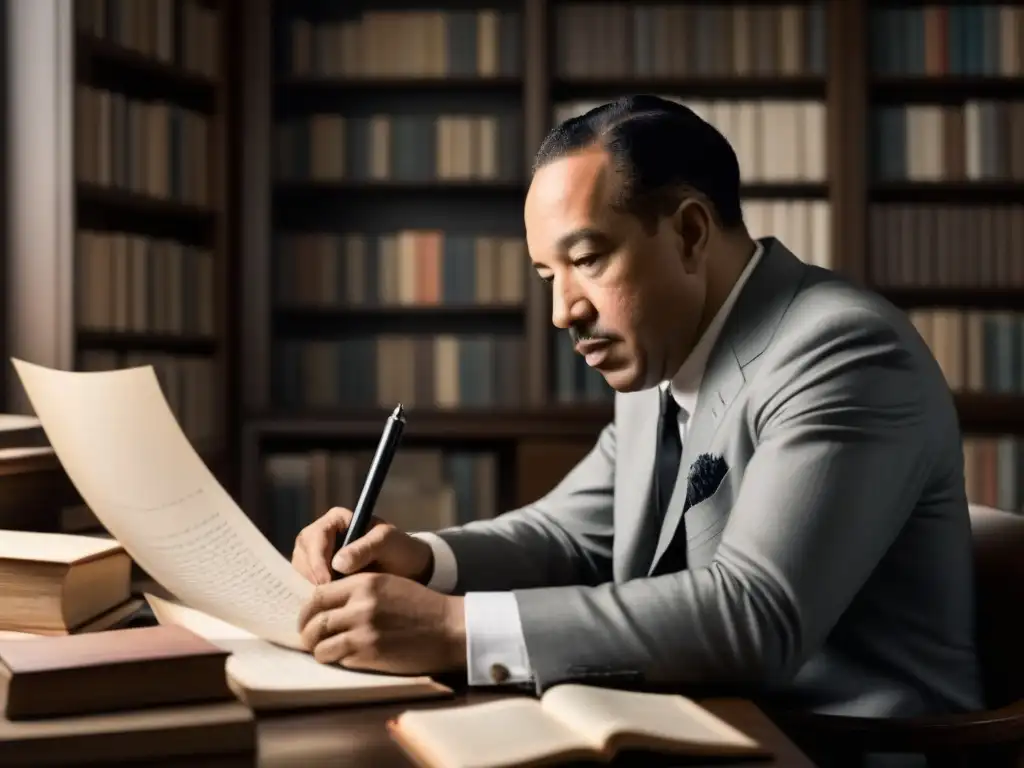 Retrato realista comprometido de Langston Hughes inmerso en su escritura poética