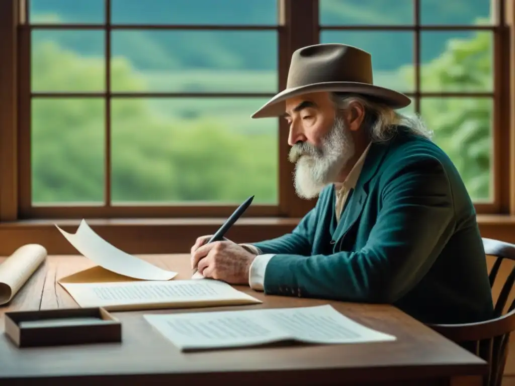 Walt Whitman en su revolución poética, rodeado de poemas escritos a mano en un paisaje sereno